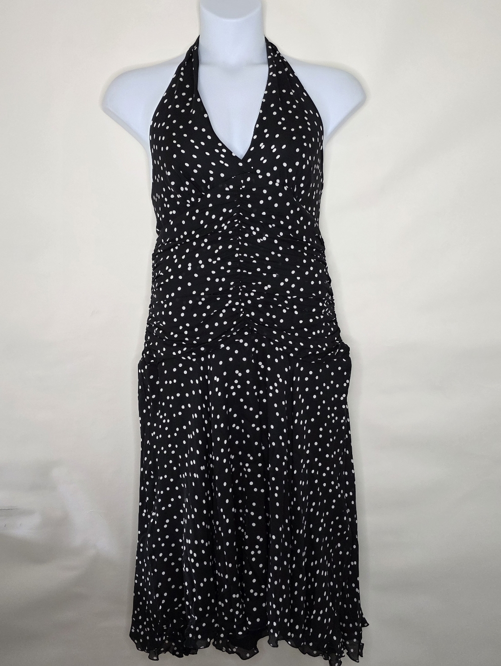 SILK Polka Dot Halter Dress Size 14 Babydoll Open Back Y2K Elegant Designer Chic